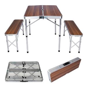 Table de camping alu couleurs bois pliante en valise + 2 bancs - 90 cm