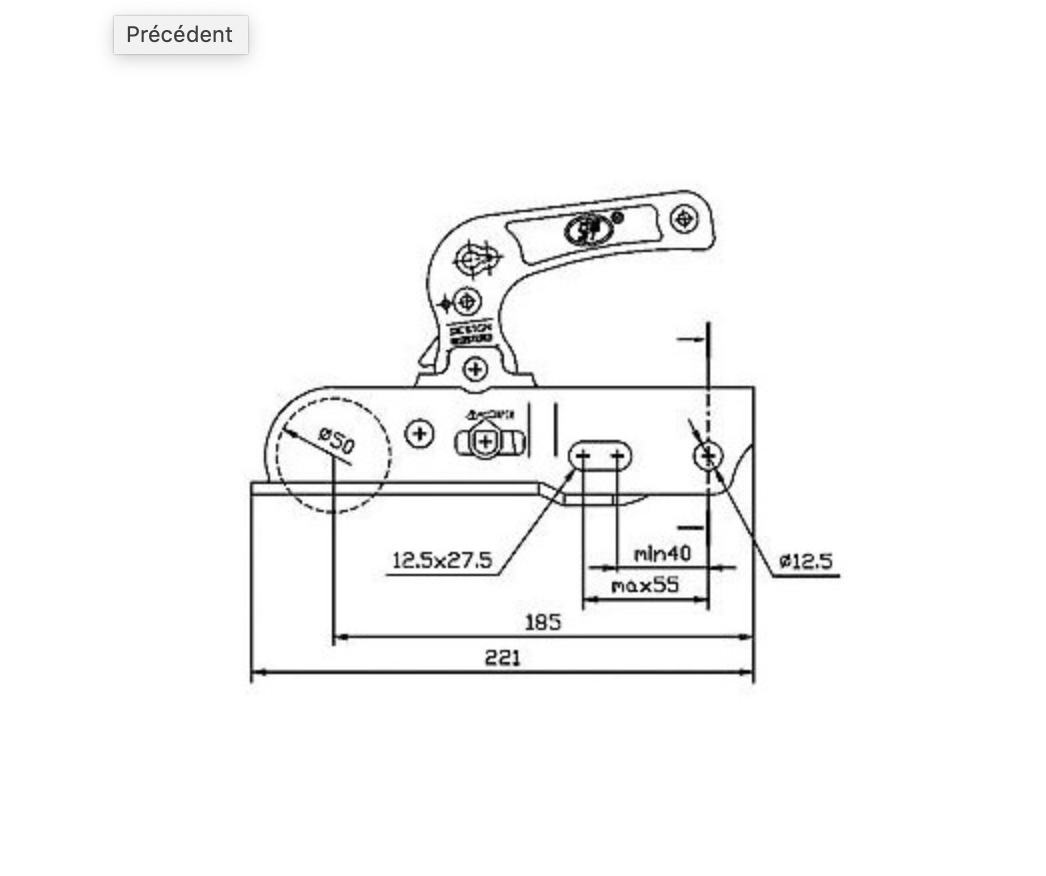 Tête freinée d'attelage universelle ø50mm 2300kgs avec adaptateurs ø35-40-45mm