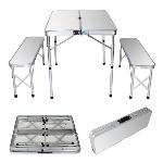 Table de camping alu pliante en valise + 2 bancs - 90 cm
