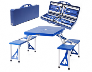 Table de camping pliable avec 4 sièges solidaires bleue